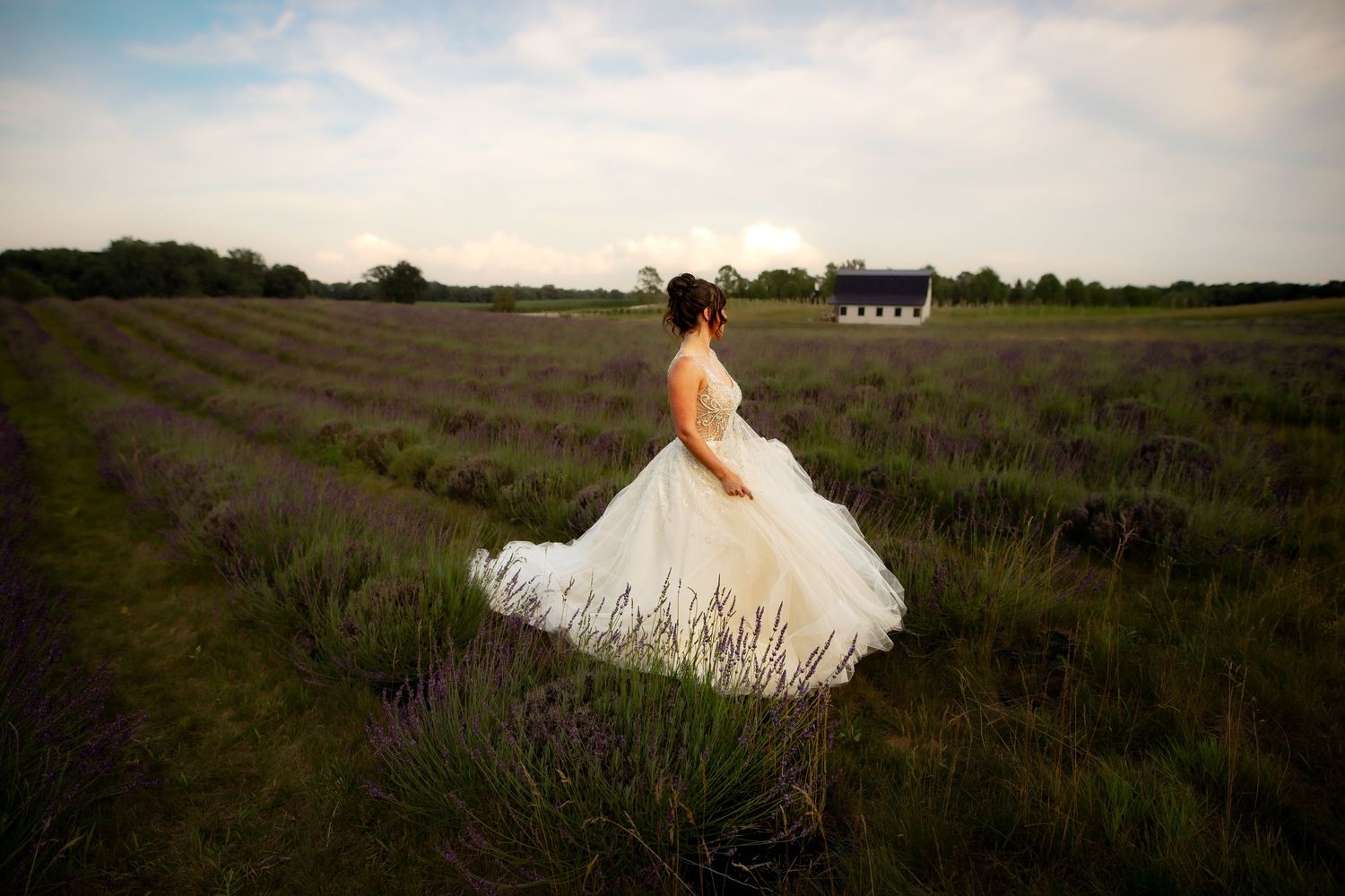Bride in flowing white gown standing in a lavender field at dusk with a farmhouse in the background.