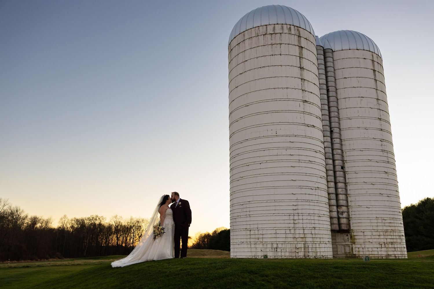 Wedding portrait. Links at Union Vale. Silo. Sunset.