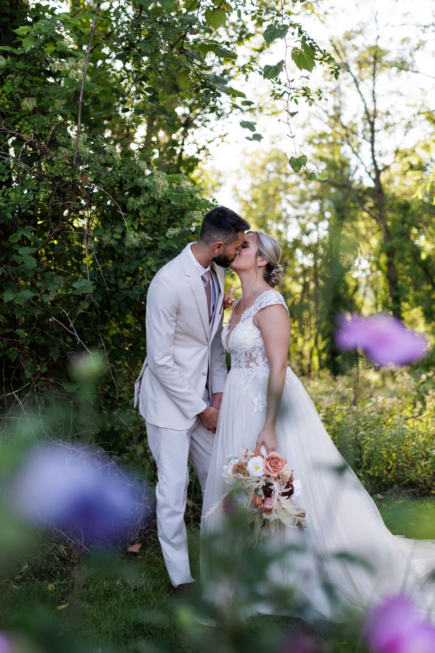 Wedding portrait with flowers, Pat's Barn.