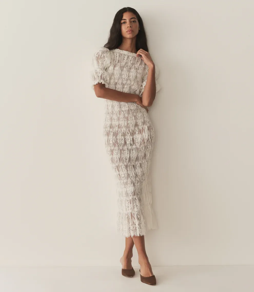 White lace midi dress with tiered ruffles displayed on a mannequin against a light background.