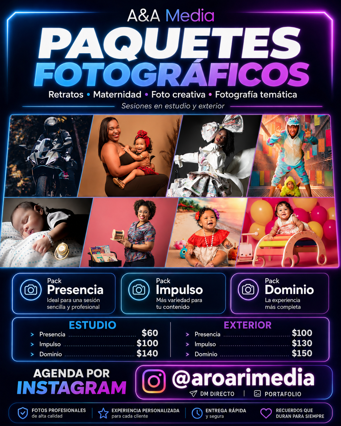 Fotografía creativa en Panamá por A&A Media: retratos, maternidad, marcas personales y sesiones temáticas.