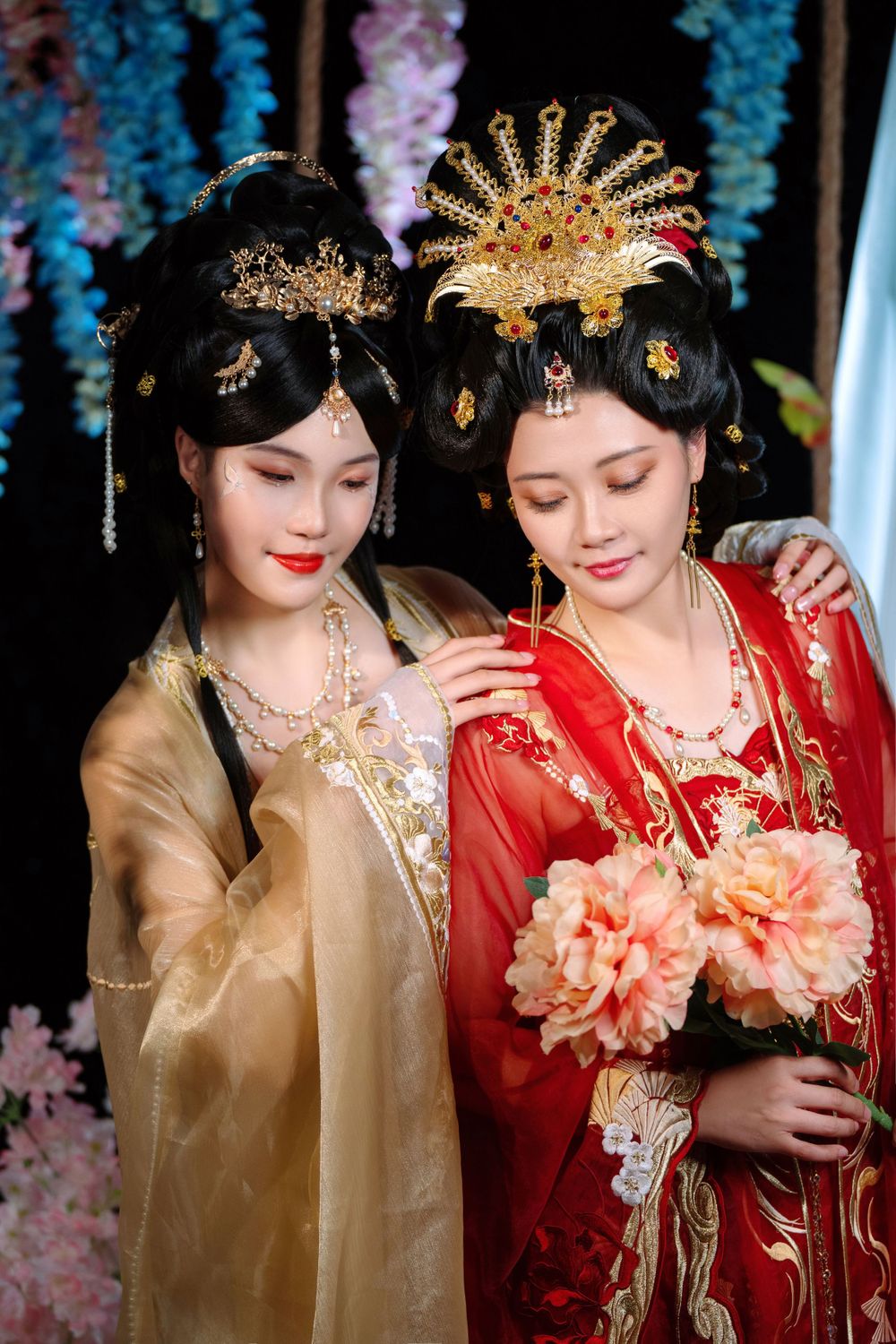 Elegant backlit studio portrait of mother and daughter in Tang Dynasty Hanfu on a swing among wisteria, by Imagine Image Studio.