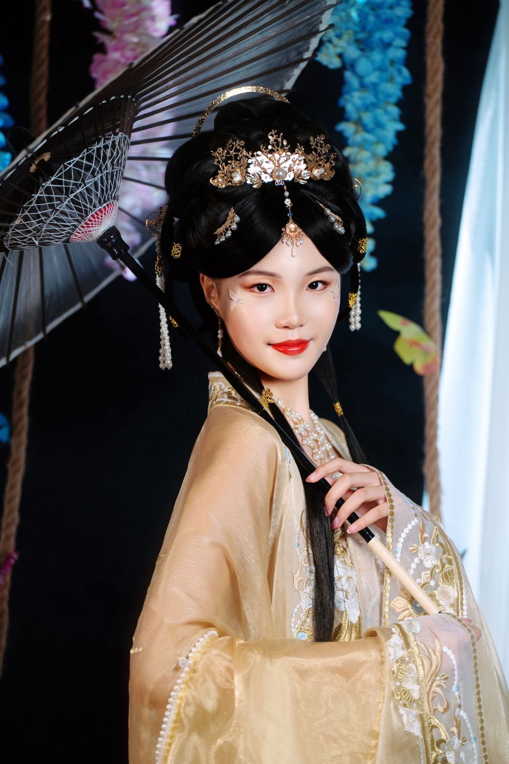 Elegant backlit studio portrait of mother and daughter in Tang Dynasty Hanfu on a swing among wisteria, by Imagine Image Studio.