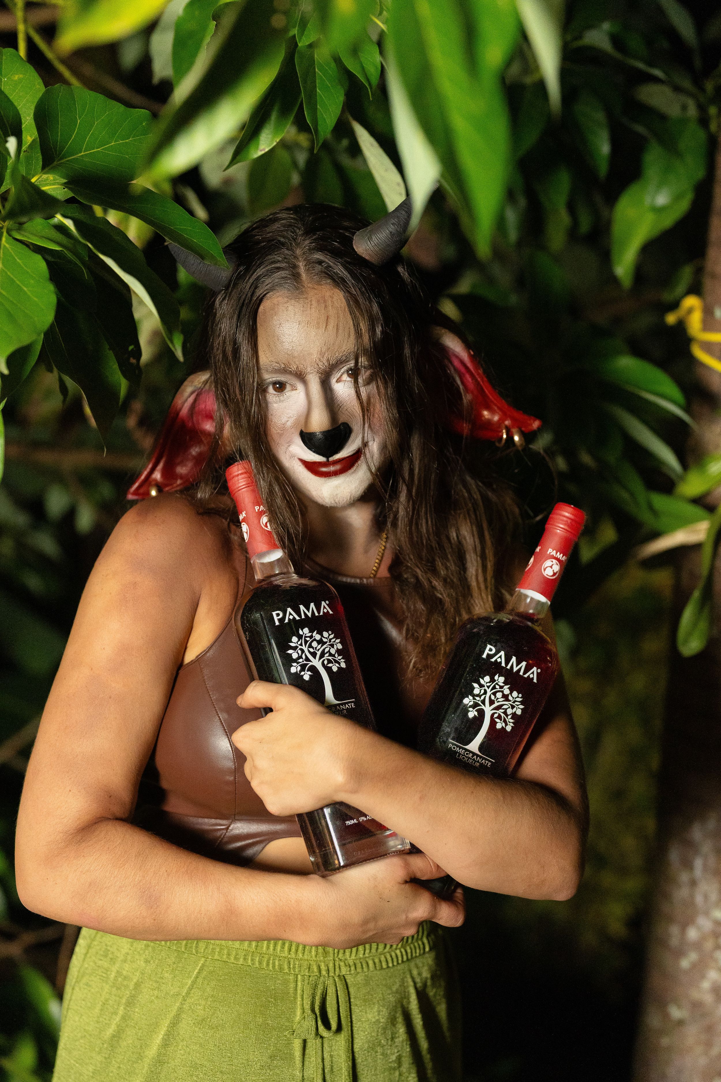 Deer creature sfx makeup with liquor bottle PAMA in the plants