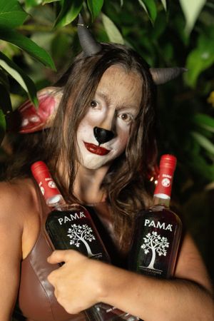 Deer creature sfx makeup with liquor bottle PAMA in the plants