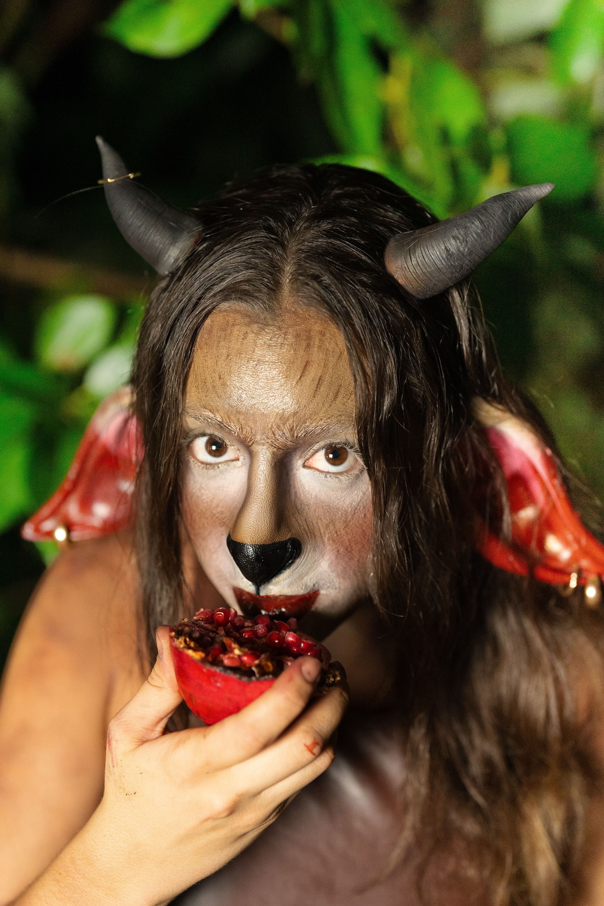 Deer creature sfx makeup with liquor bottle PAMA in the plants