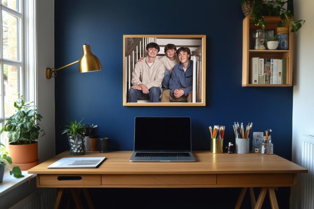 Three teenage boys sitting on indoor staircase framed over a home office desk