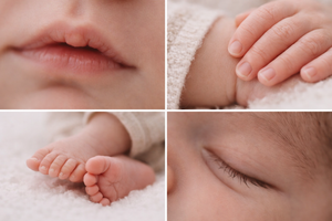 Close-up details of newborn features including hands, feet and facial features.