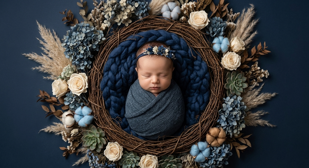 Sleeping newborn swaddled in navy blue yarn inside floral wreath with roses on dark background.