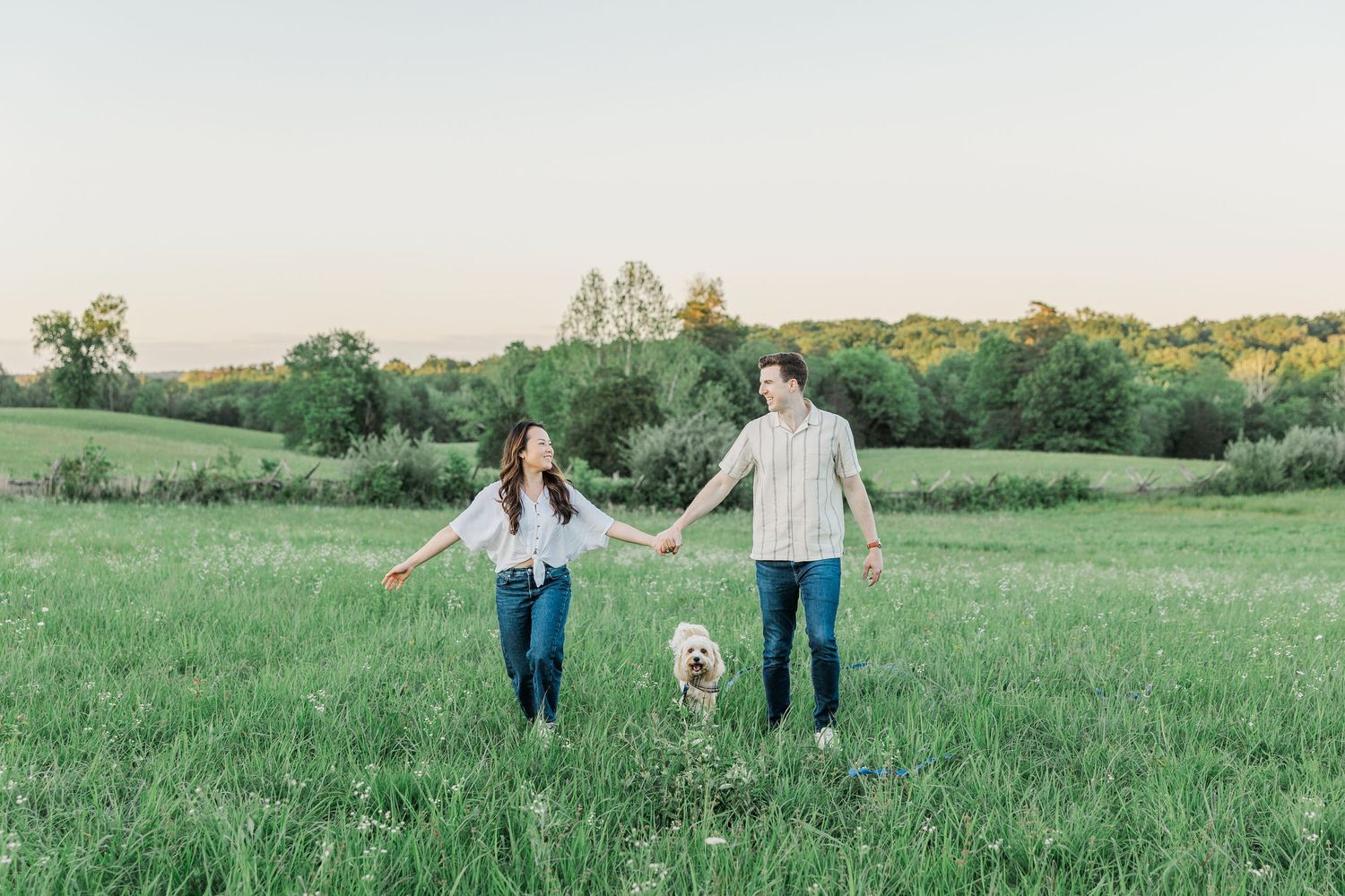 Couple holding hands walking with golden dog in green meadow at sunset.