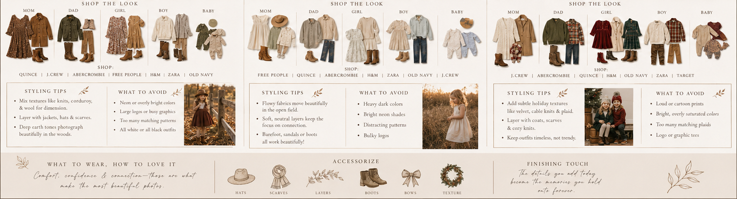 Neutral toned children's fall outfit inspiration guide featuring layered clothing sets in brown, beige, and cream tones.