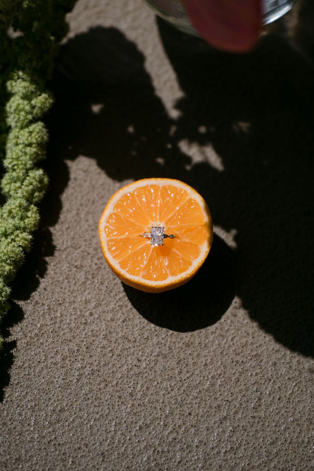 A diamond engagement ring displayed on a halved orange, surrounded by greenery on a sandy surface.