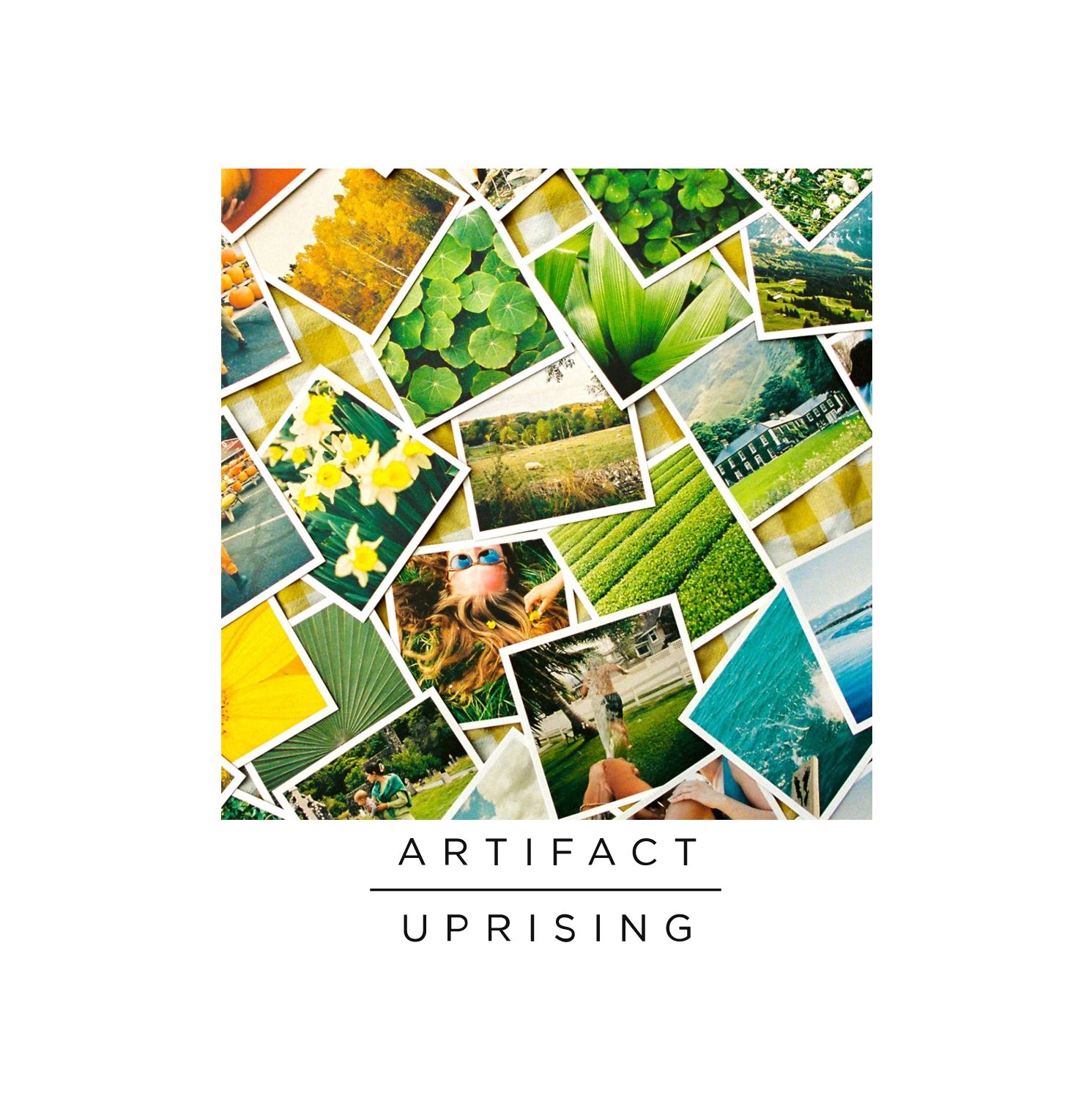 Artifact Uprising logo with collage of vibrant green nature photos arranged in scattered mosaic pattern.