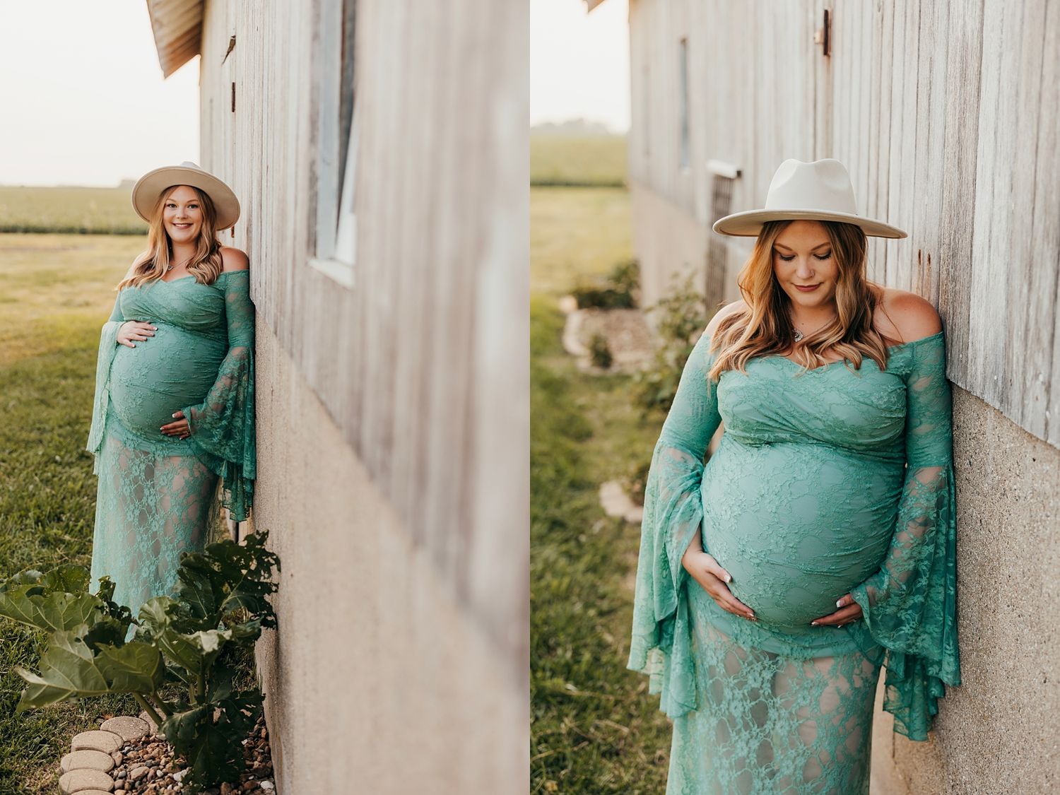 Pregnant woman in teal lace off-shoulder gown and hat poses near rustic barn during golden hour maternity shoot.