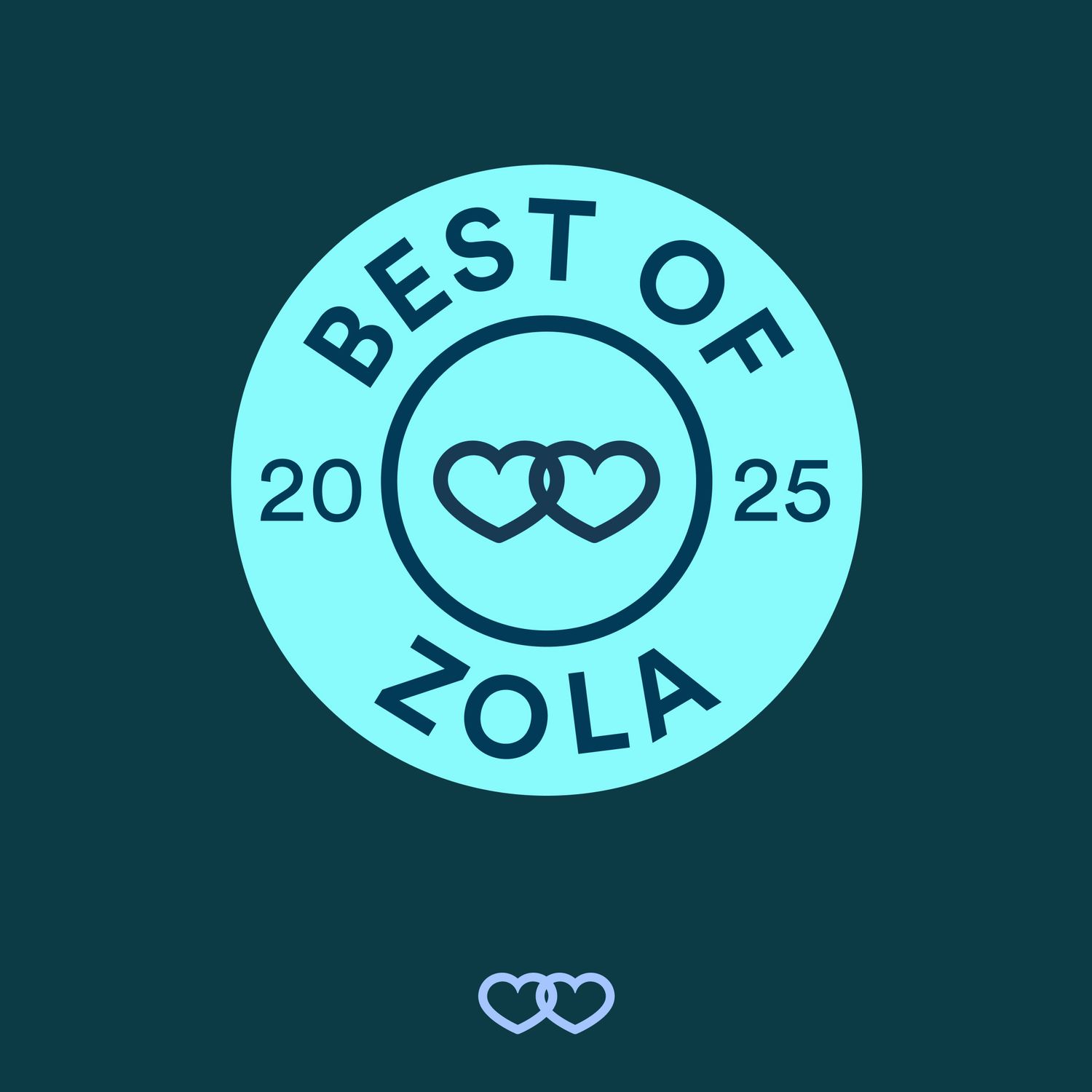 Best of Zola 2025 badge with two interlinked hearts on a teal circular emblem against a dark green background.