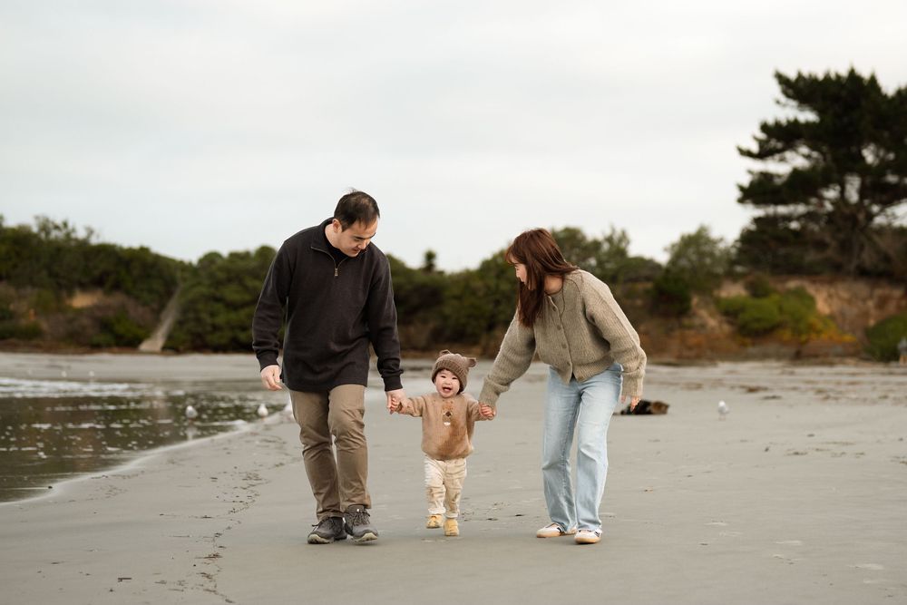 Family walking on beach, parents holding toddler's hands on sandy shore with trees in background.
