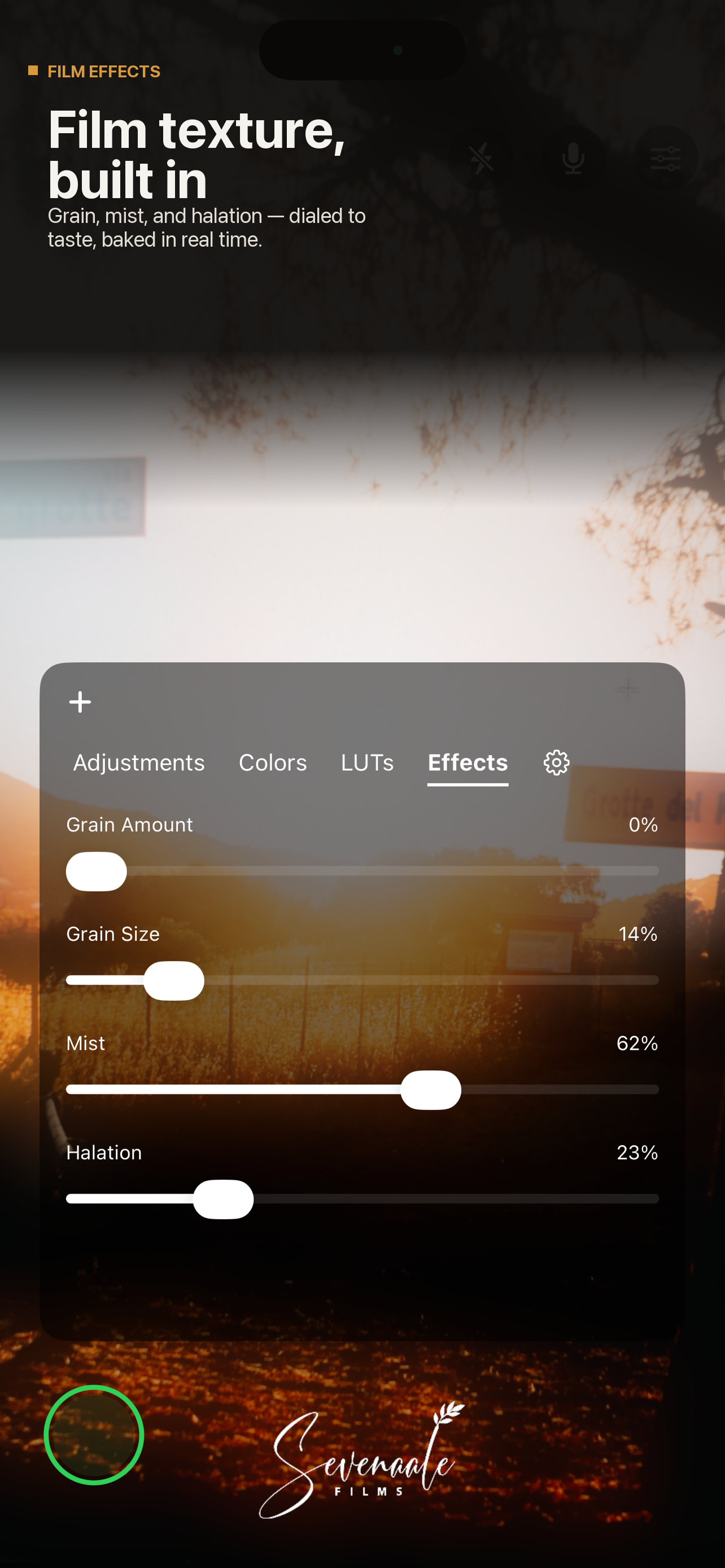 Film texture editing app interface showing grain, mist, and halation sliders with a golden sunset landscape preview.