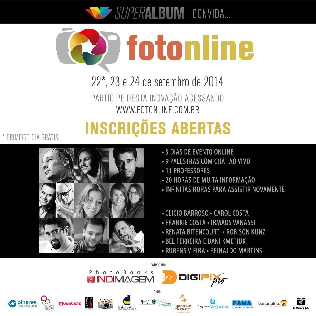 Fotonline 2014 event poster featuring Brazilian photographers and speakers for a 3-day online photography conference in September.
