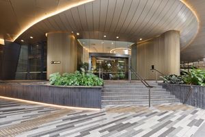 Contemporary building entrance with curved timber facade, manicured plants, and wide tiled steps.