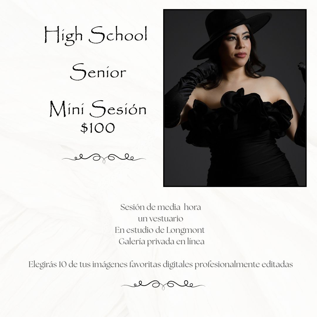 High school senior mini session promotional flyer featuring a young woman in elegant black dress and hat, studio portrait, $100.