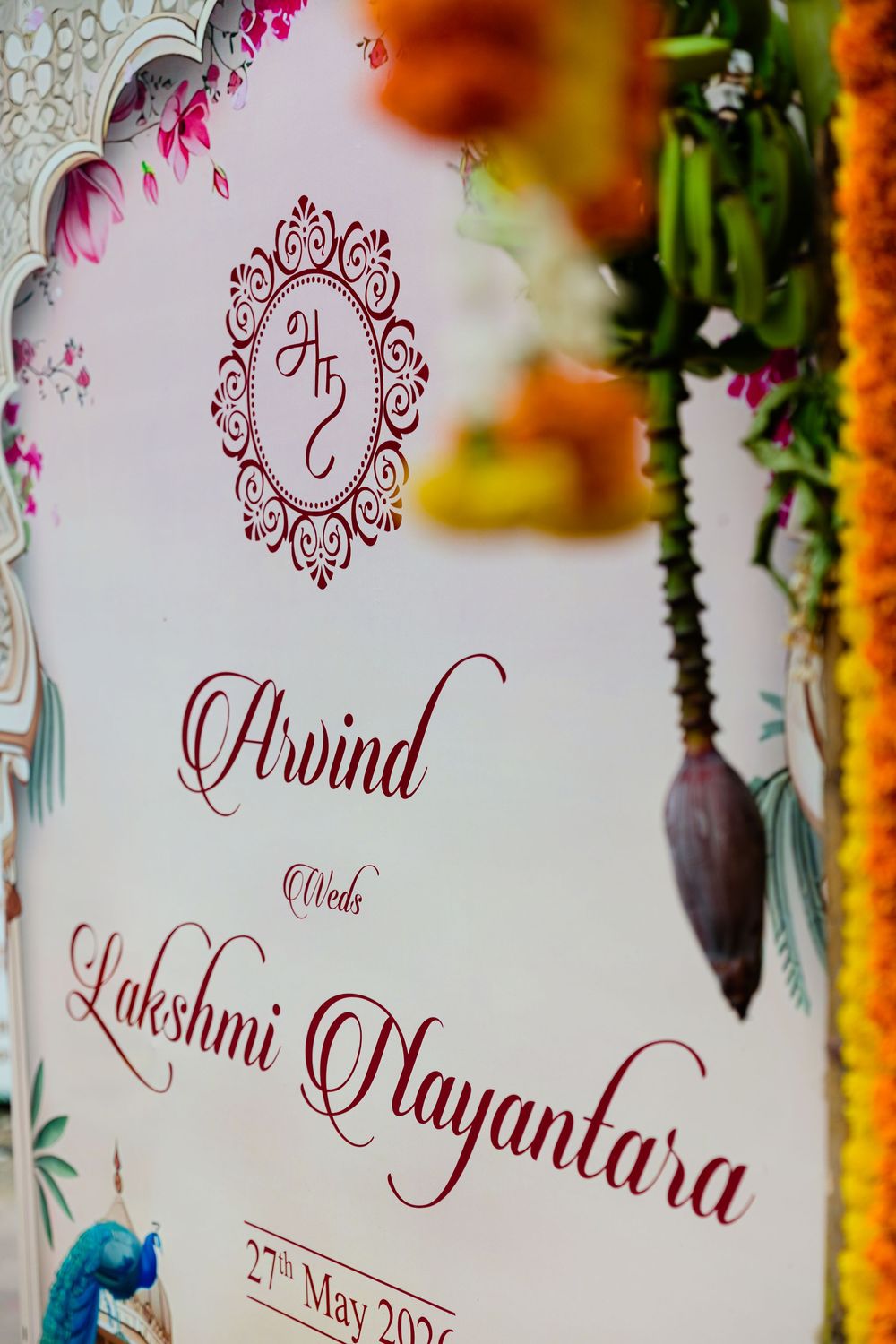 Elegant Indian wedding invitation board for Arvind weds Lakshmi Nayantara on 27th May 2026.