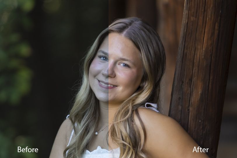 Before and after photo editing comparison of a smiling teenage girl with long blonde hair posing outdoors.