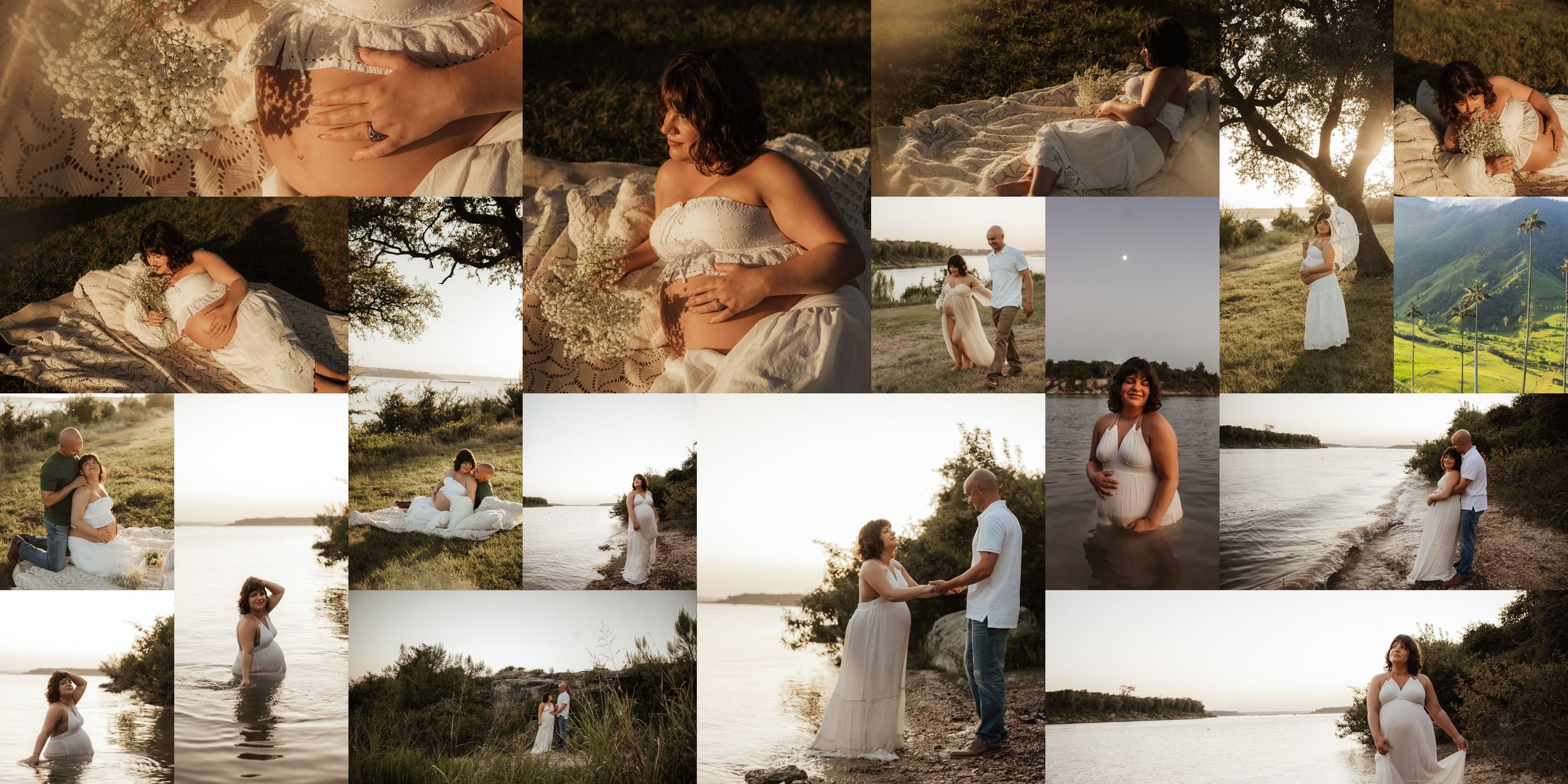 Couple embracing on a rocky shoreline at sunset, woman in white dress and man in jeans, with a calm river and trees behind.