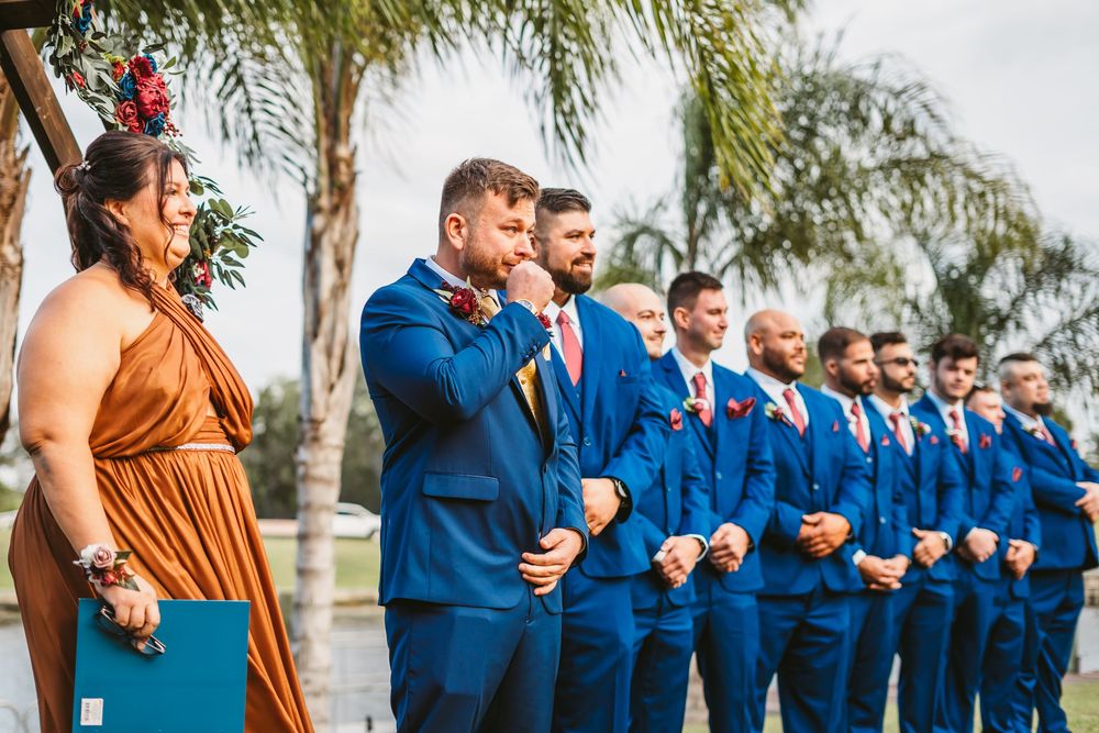 Channel Side Club in Palm Coast Florida. Wedding photography of outdoor ceremony. Groom cries at the sight of his bride walking aisle.