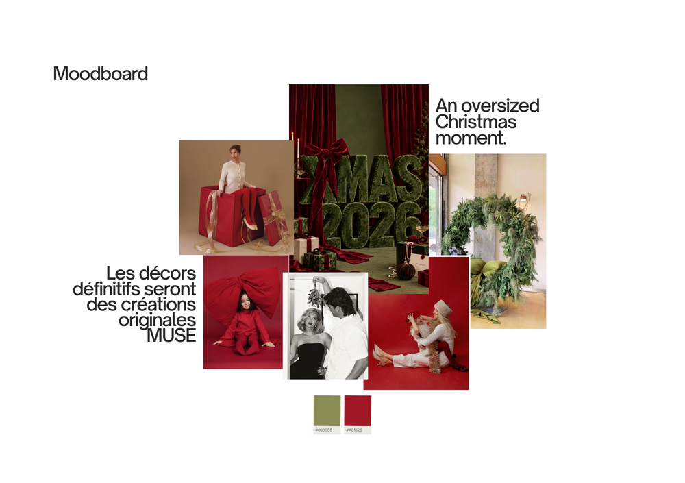 Christmas holiday moodboard featuring red and green festive styling with wreath, fashion looks, and color swatches for Noel En Grand.