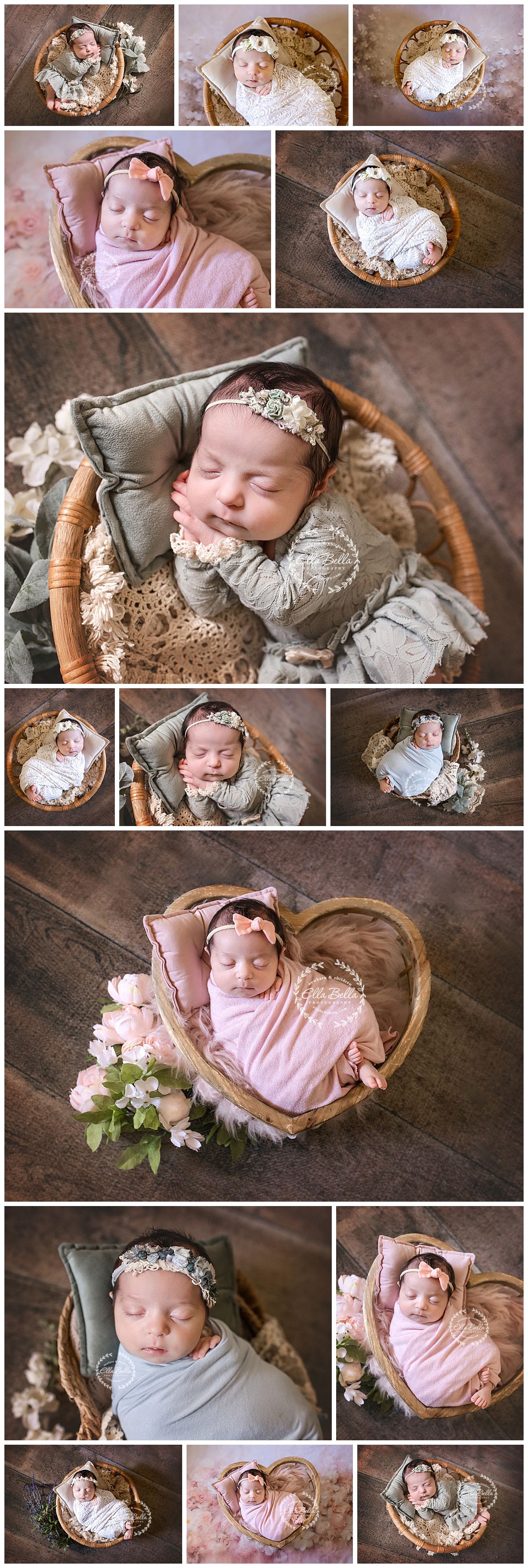 Newborn baby girl sleeping peacefully in wicker baskets and heart bowl, wrapped in pink and gray, adorned with floral headbands.