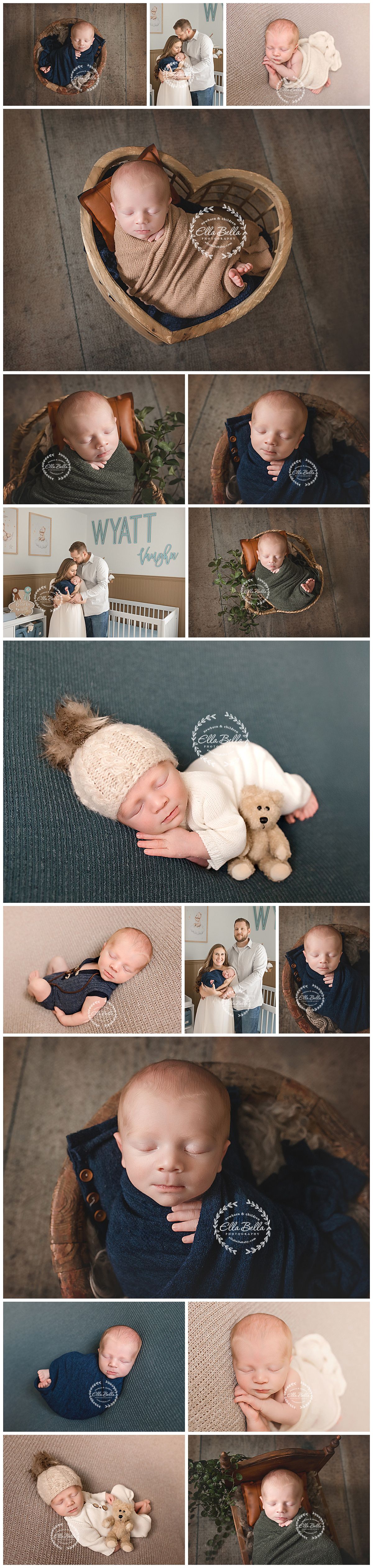 Newborn baby boy Wyatt posed in heart-shaped bowl, with parents, and sleeping in navy blue wraps and knit hat with teddy bear.