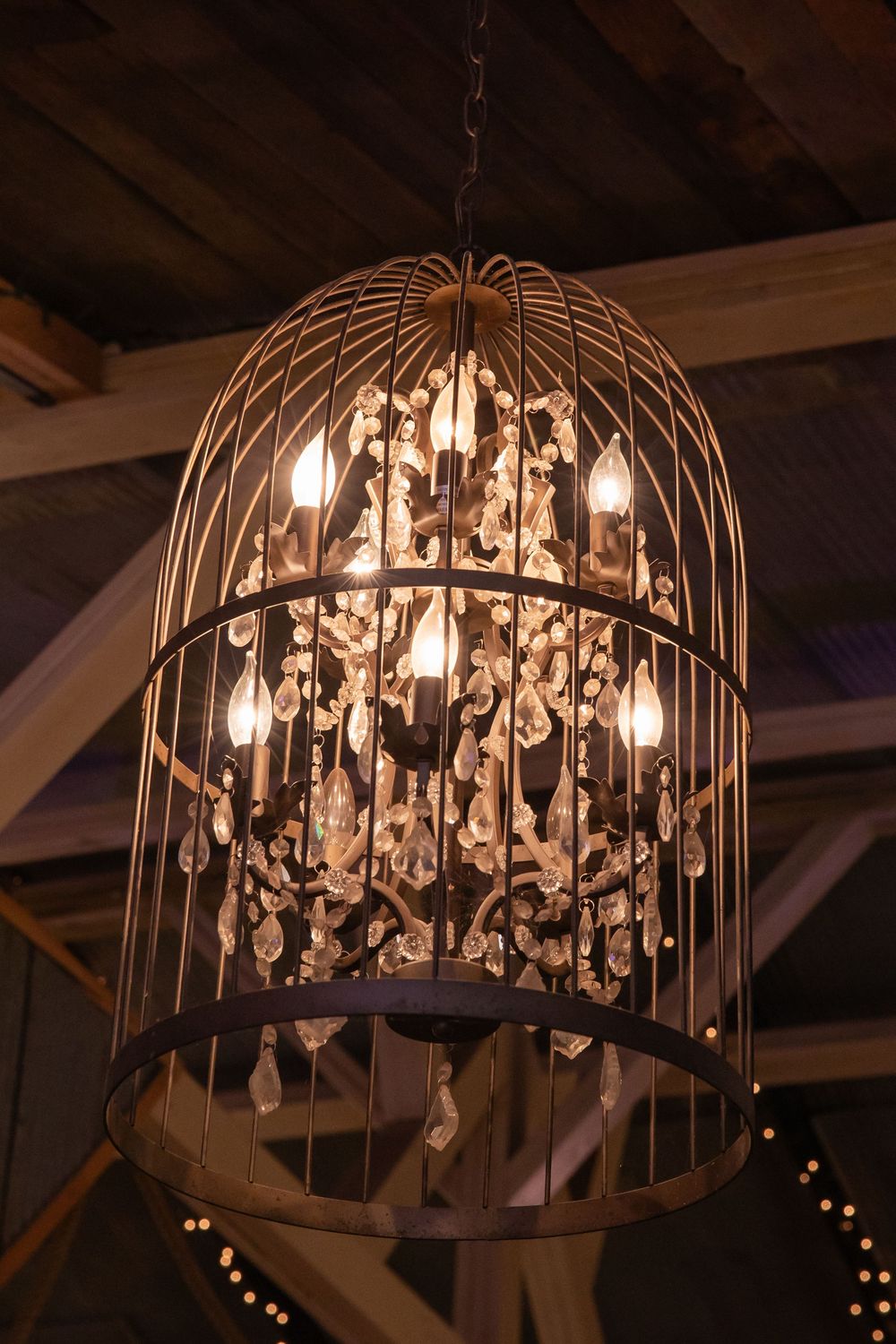 Elegant birdcage chandelier with crystal accents and candle bulbs hanging from rustic wooden ceiling beams.