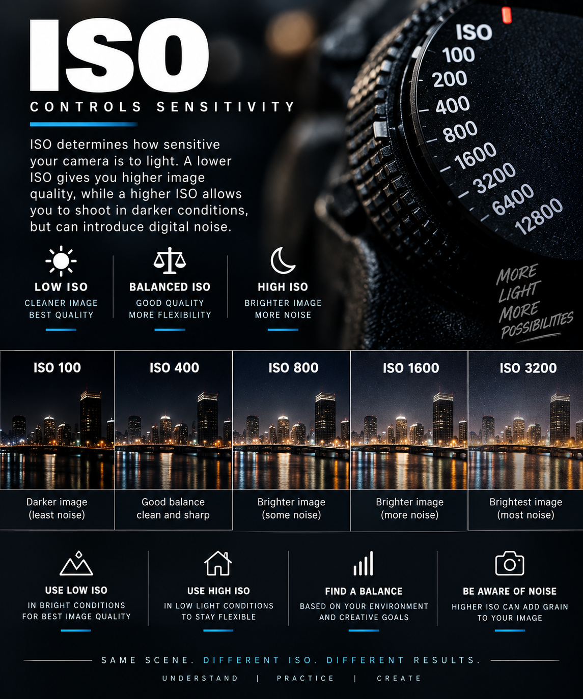 Infographic explaining ISO camera settings, showing sensitivity levels from 100 to 12800 with sample night cityscape photos.