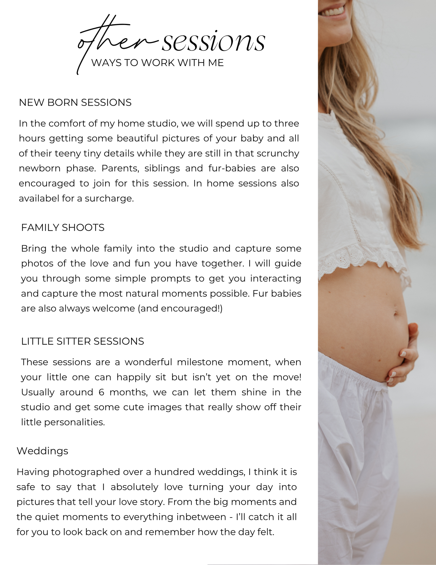 A photography studio pricing guide showing newborn, family, sitter, and wedding session options by Cornwall Newborn Photographer.