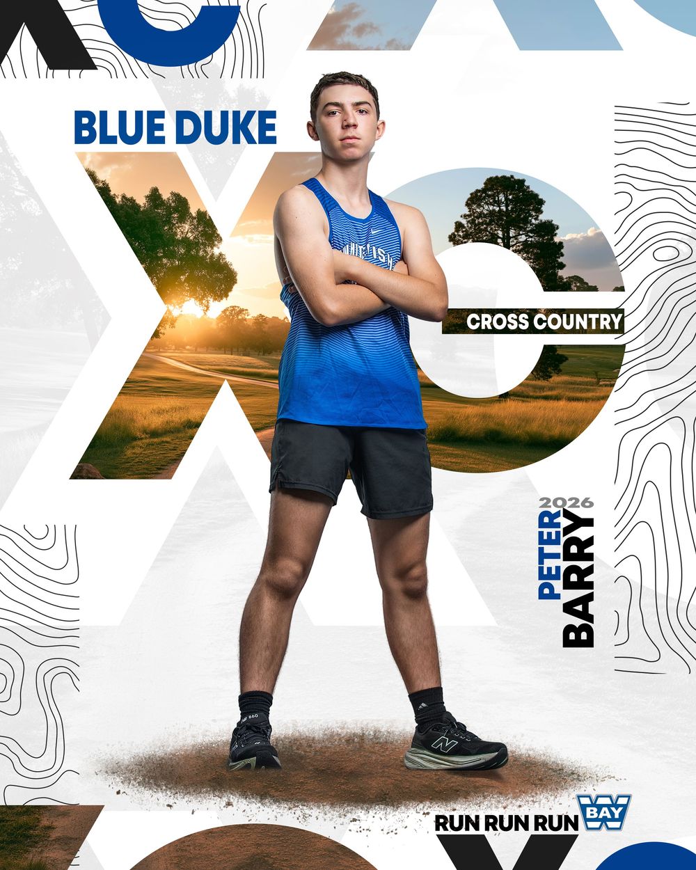 Blue Duke cross country athlete Peter Barry (2026) poses in blue tank top and shorts for official team photo.