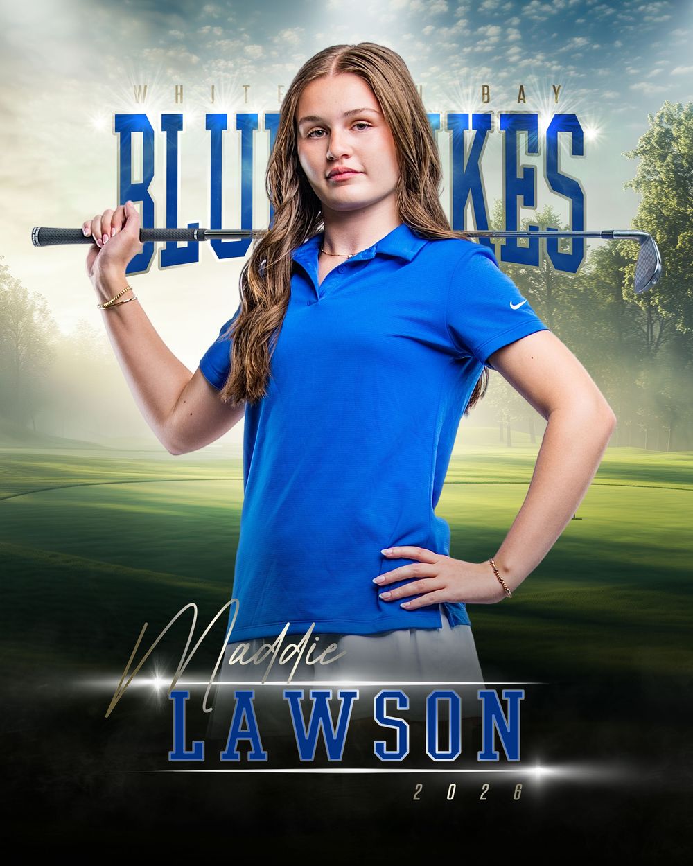 Maddie Lawson, White Fish Bay Blue Lakes golf player, poses with a golf club in a blue polo shirt, 2020.