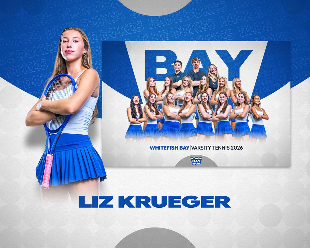 Liz Krueger poses with a tennis racket for Whitefish Bay Varsity Tennis 2026 team photo in blue uniform.