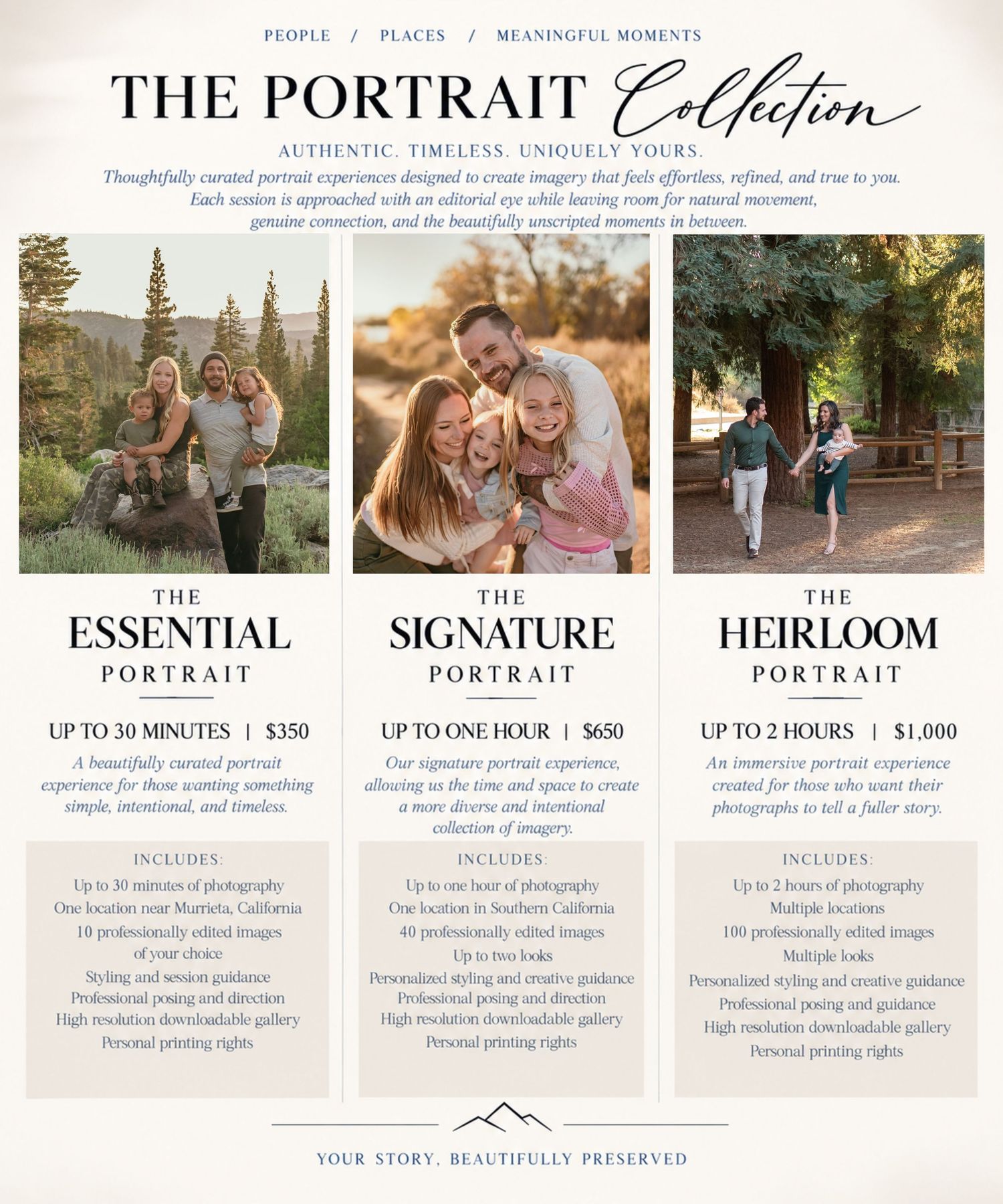A portrait photography collection brochure showcasing three packages with outdoor family and couple photos in natural settings.