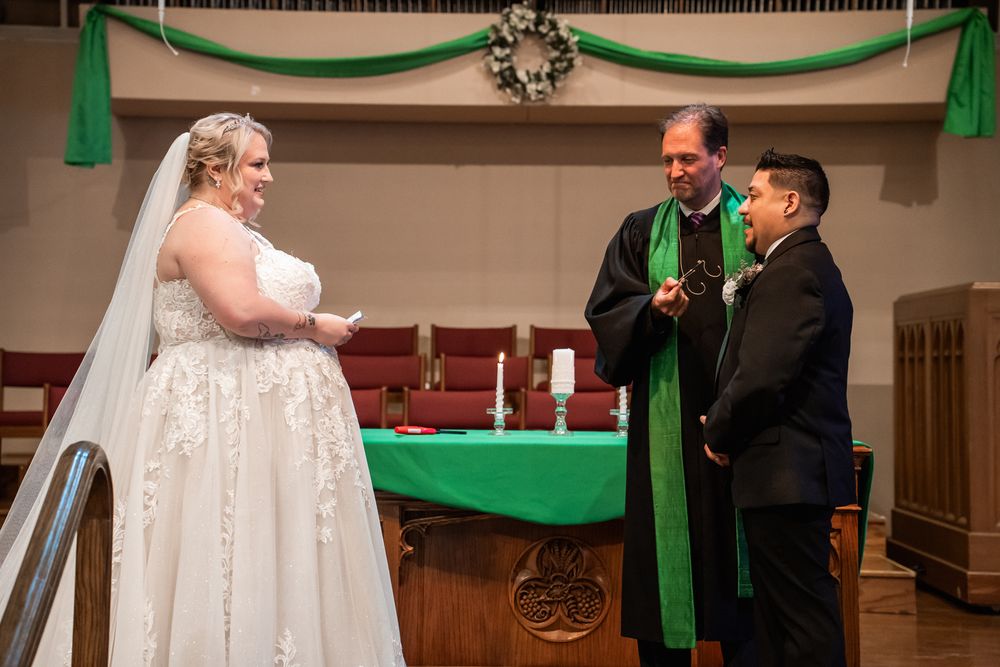 Wedding ceremony at First Congregational United Church of Christ in Downers Grove, Illinois.