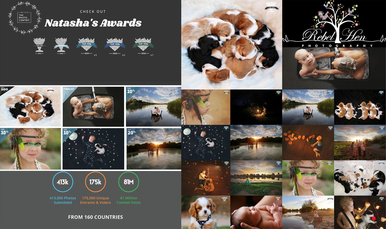 Collage of award-winning photography by Rebel Hen featuring portraits of children, pets, couples and scenic landscapes from 160 countries.