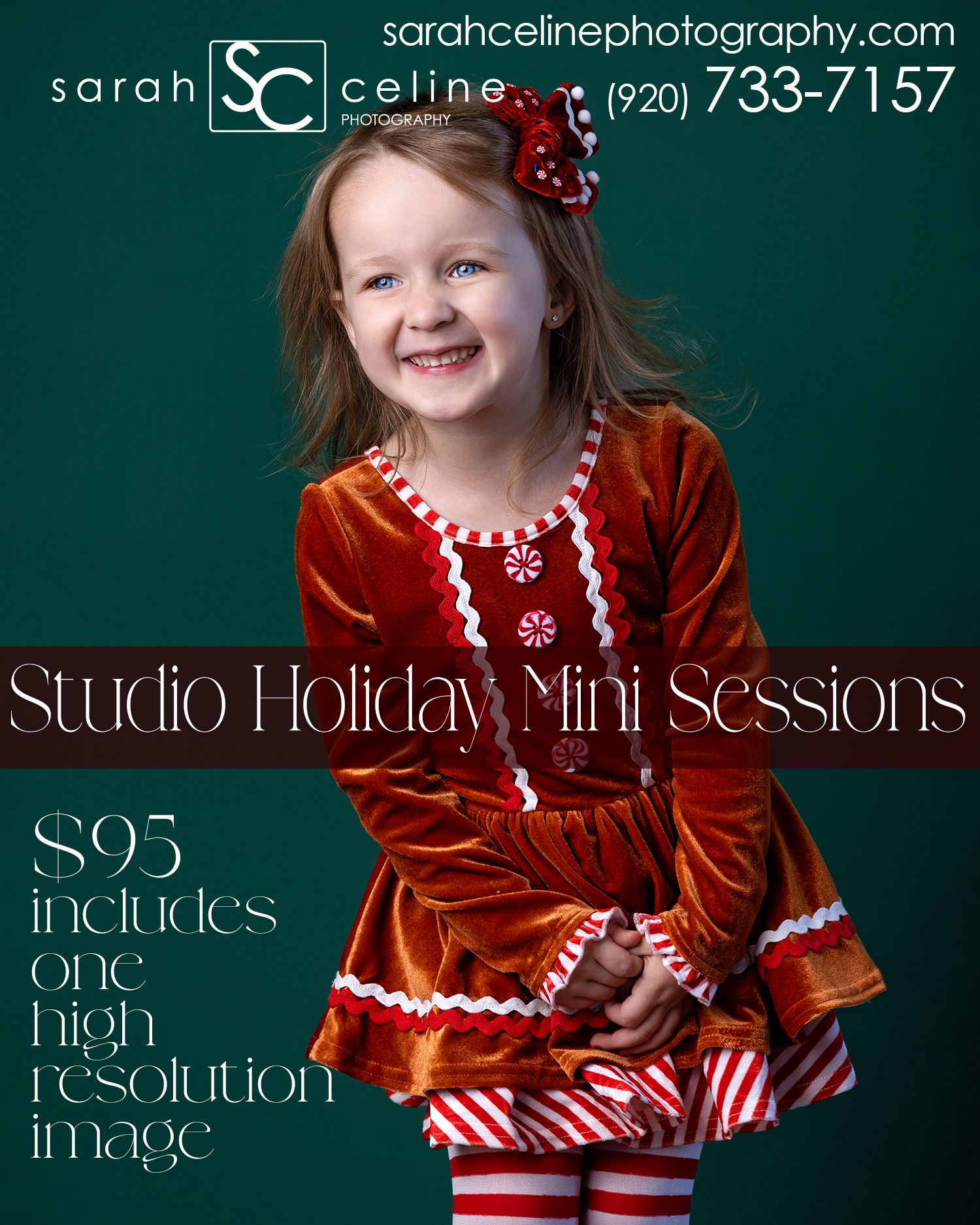 Young girl in festive orange velvet dress with candy cane trim poses for Sarah Celine Photography Studio Holiday Mini Sessions, $95.