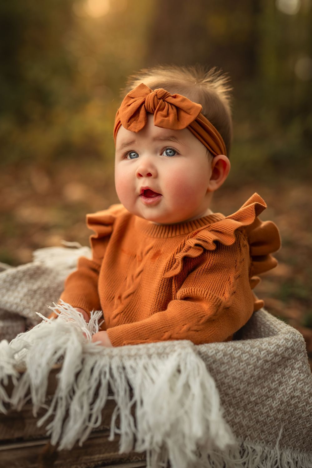 Adorable baby girl in rust orange knit sweater and bow headband sitting in wooden crate with autumn bokeh background.