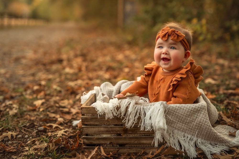 Smiling baby girl in rust orange outfit sitting in wooden crate with blanket among autumn leaves outdoors.