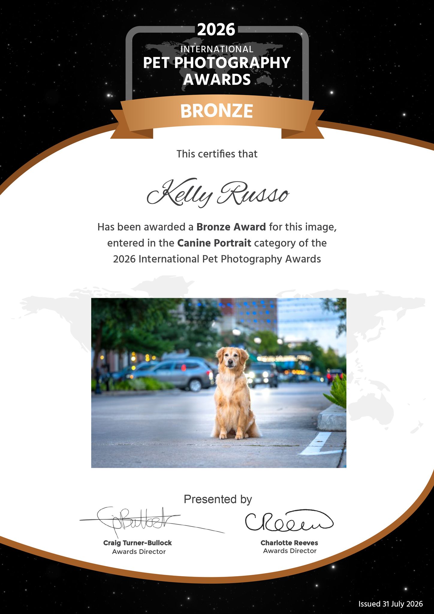 Bronze award certificate from 2026 International Pet Photography Awards for Kelly Russo in the Canine Portrait category.