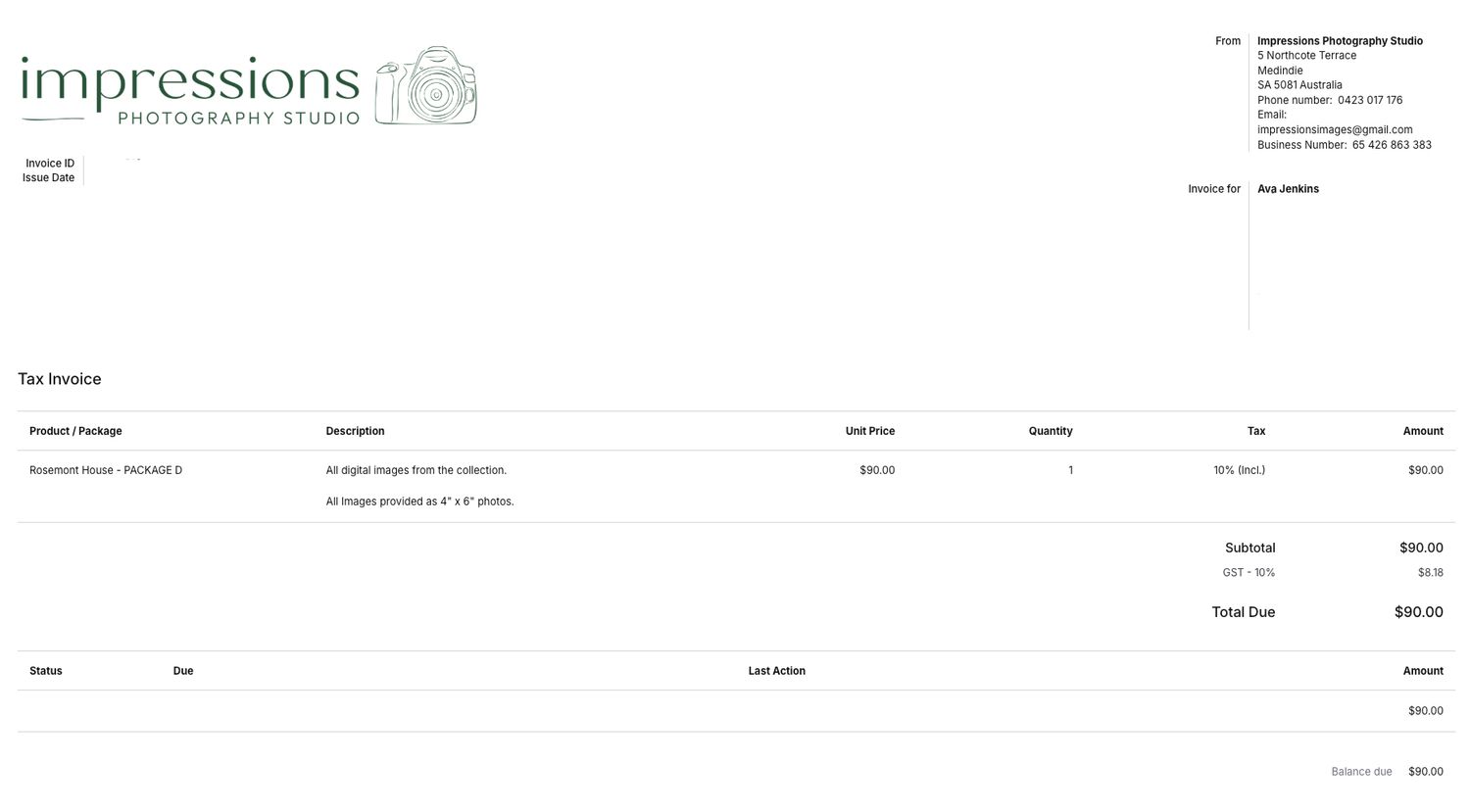 Impressions Photography Studio tax invoice template with itemized product listings, pricing, and totals on white background.