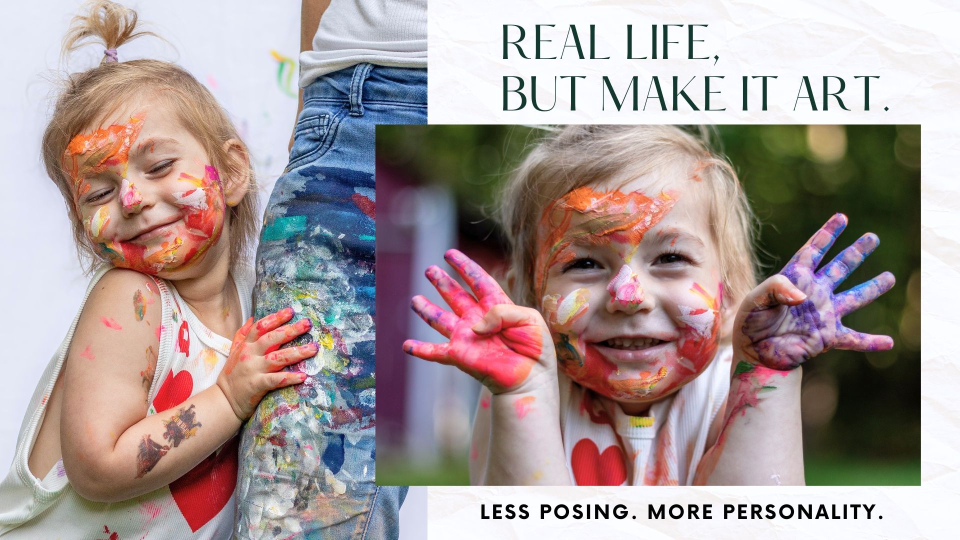 Two young girls with paint-covered faces and hands smile joyfully, embodying creative, candid childhood photography.