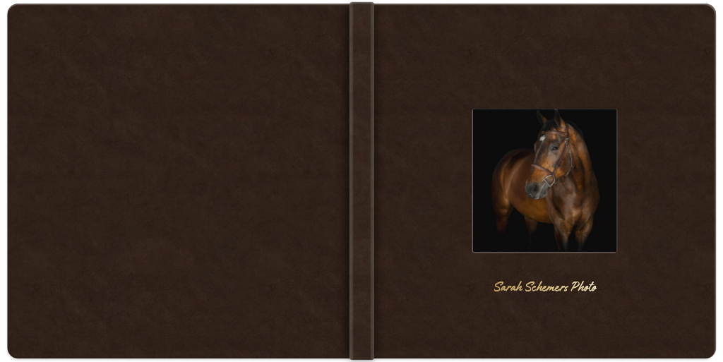 Black leather photo album open flat, with gold cursive text reading Sarah Schreiner Photo on the right panel.