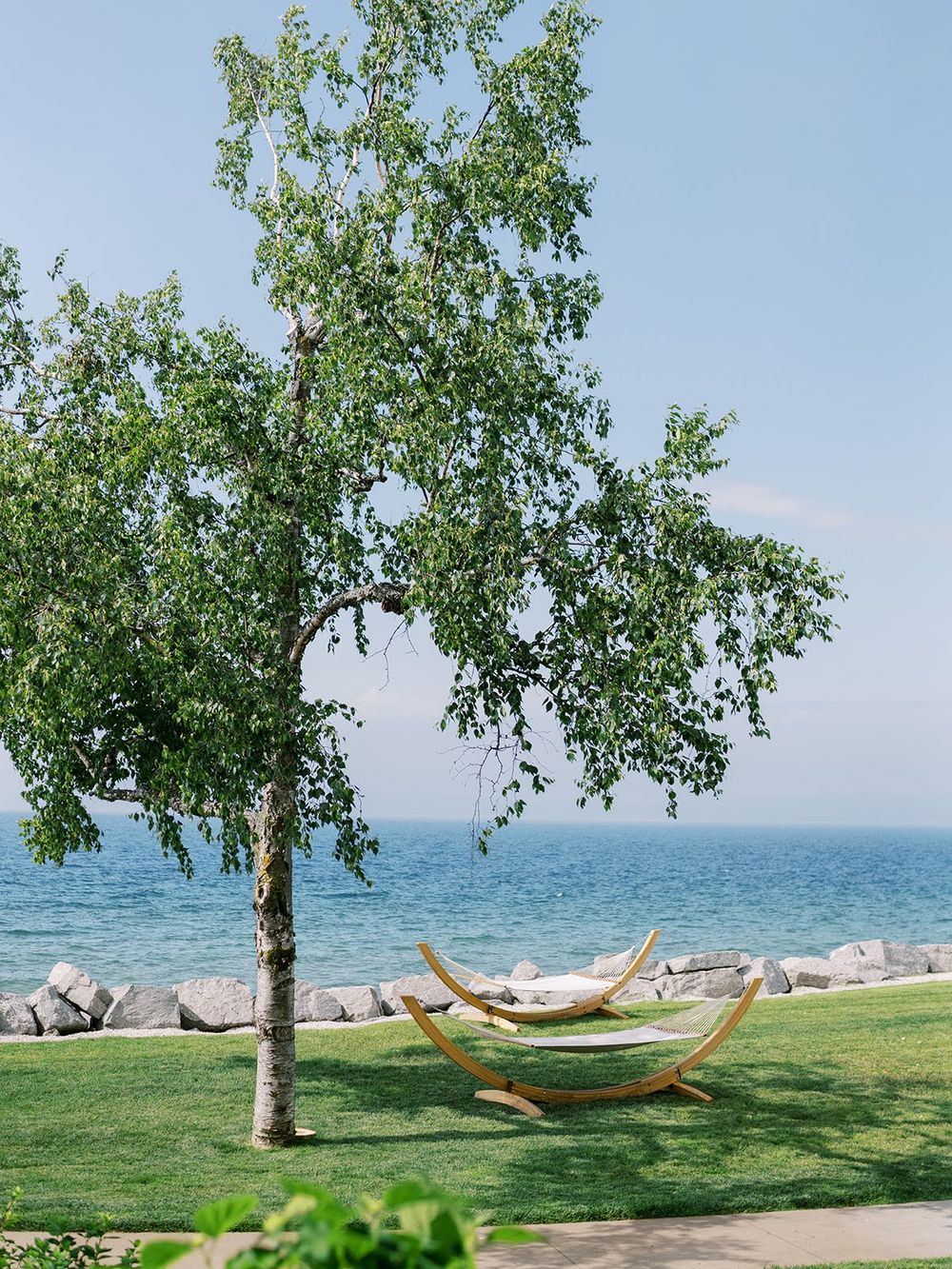 Wooden hammock stand beneath birch tree on green lawn overlooking rocky shoreline and blue sea.