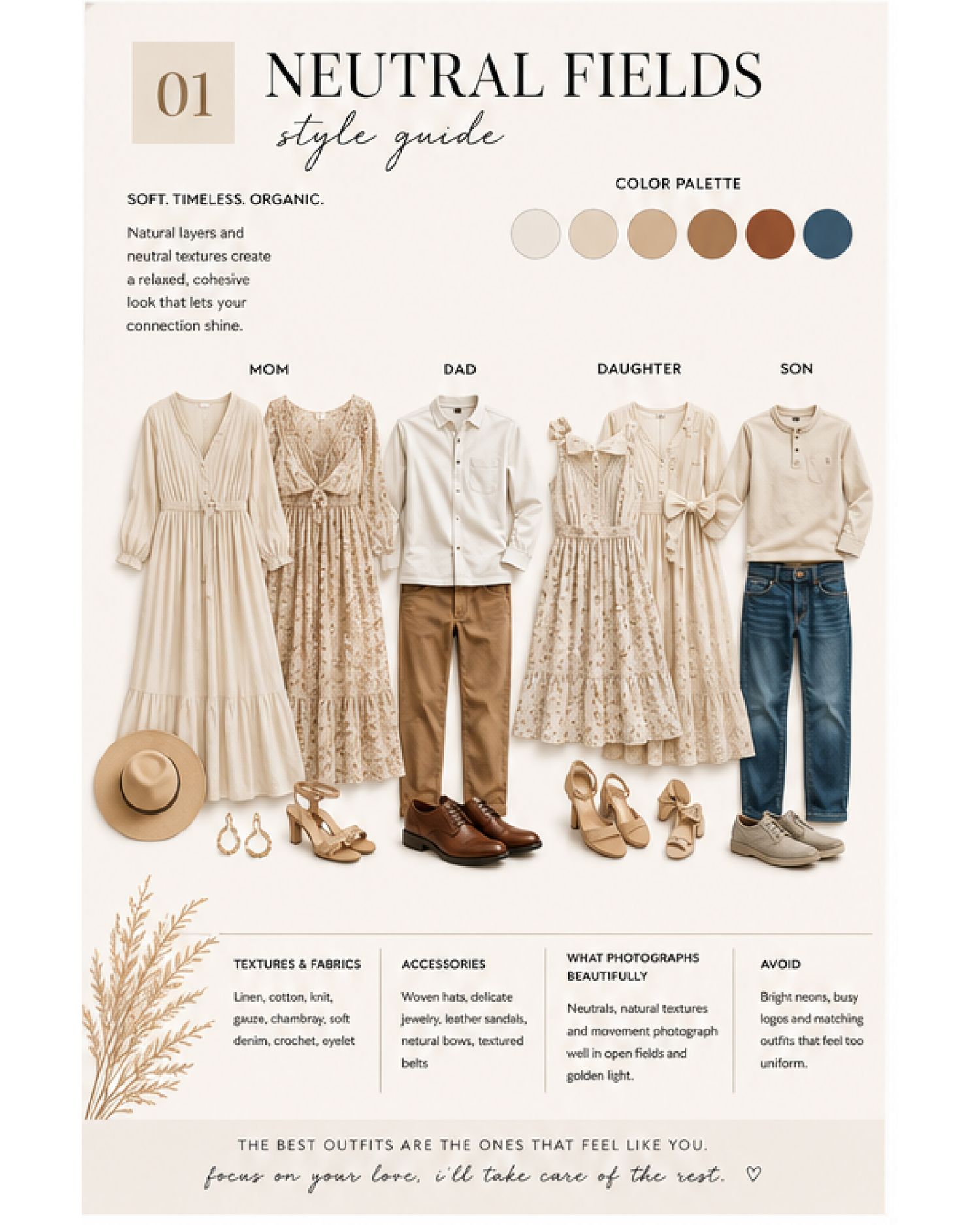 Neutral Fields family photo style guide featuring coordinated outfits in soft beige, floral, and denim tones for a timeless look.