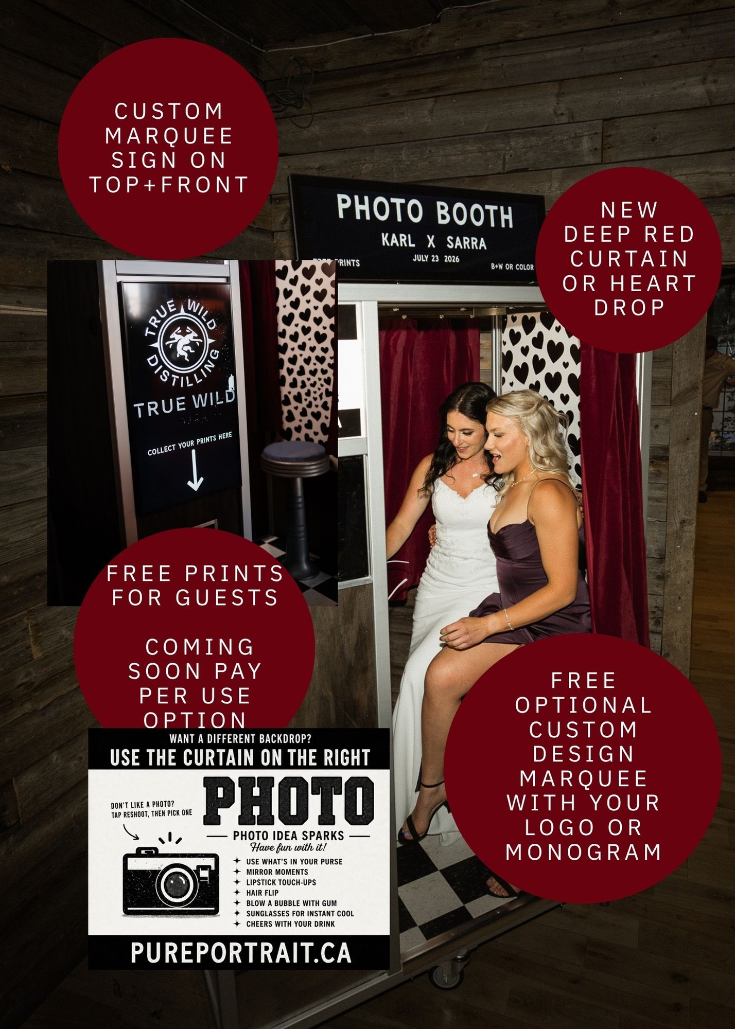 Two women pose in a red curtain photo booth at a wedding, with custom marquee sign and branding for PurePortrait.ca.